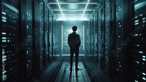 Scientist holds supercomputer processor server room advanced chip quantum computing silicone computation in lab photo