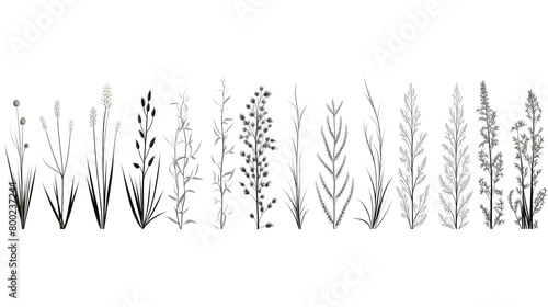 Various sketches of grass isolated against a stark white background