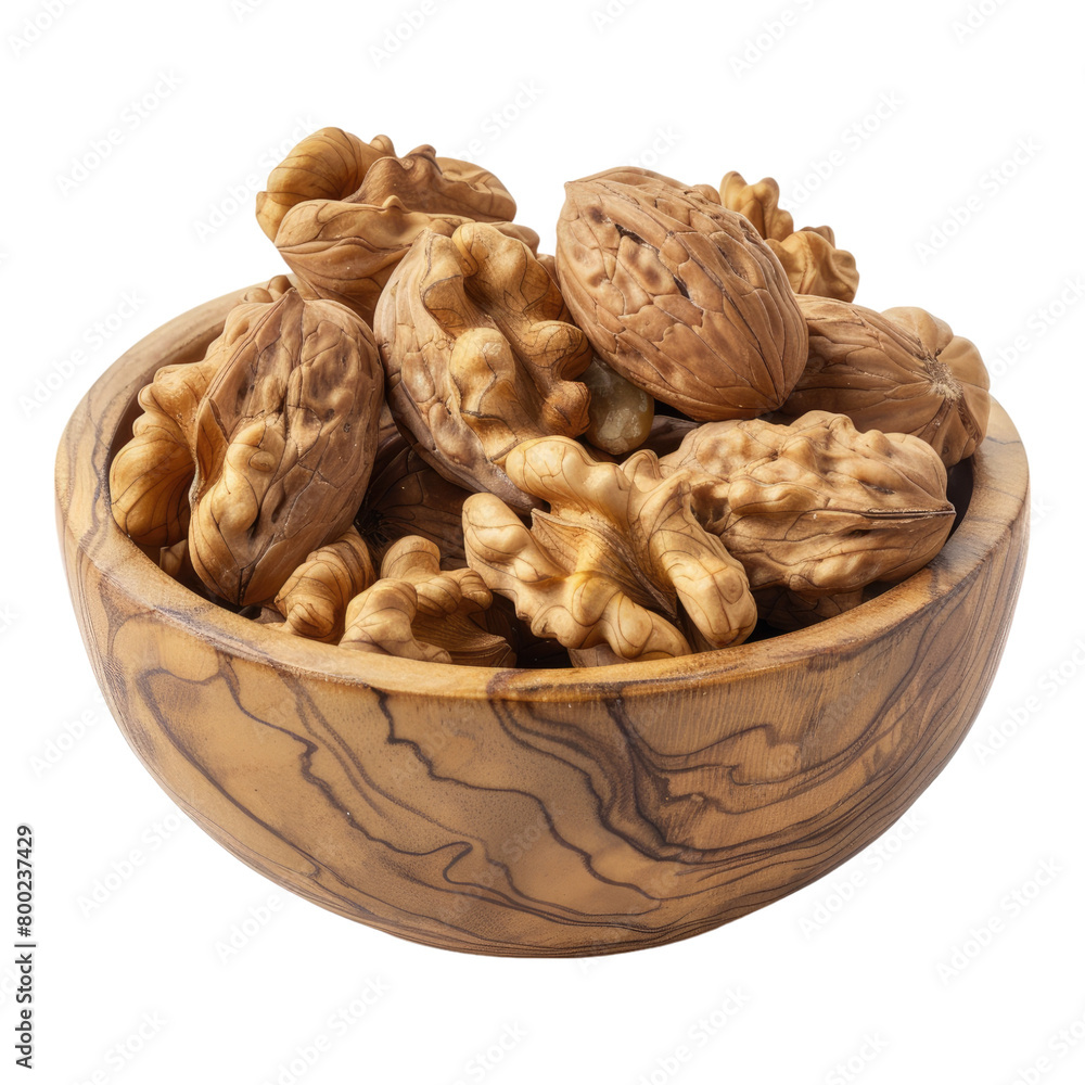 Fototapeta premium Walnuts in a wooden bowl isolated on transparent background