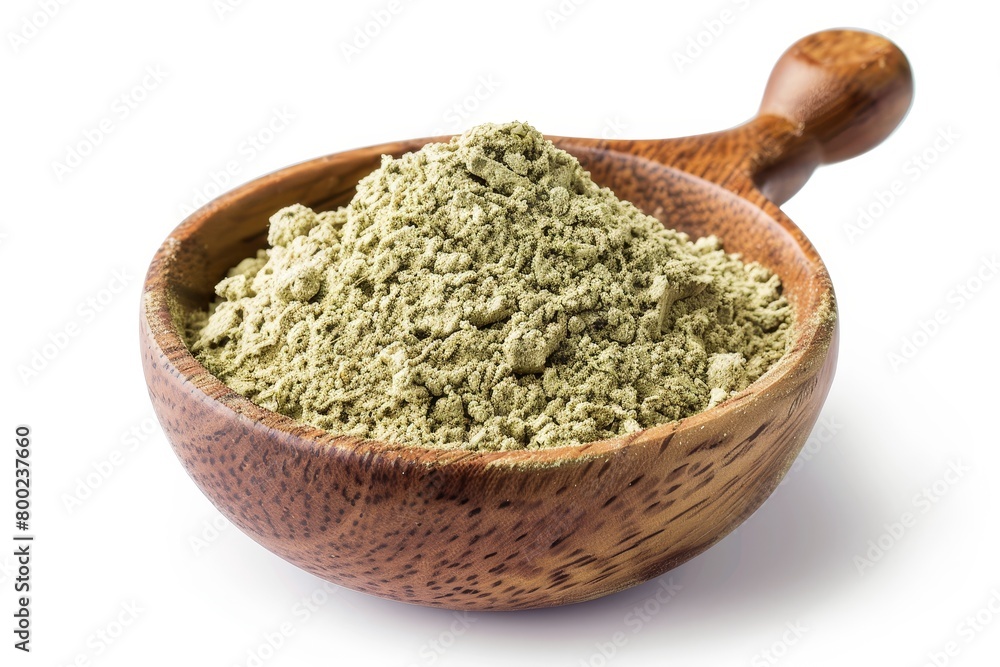 Hemp powder on white background in wooden bowl Hemp powder on white background in wooden bowl