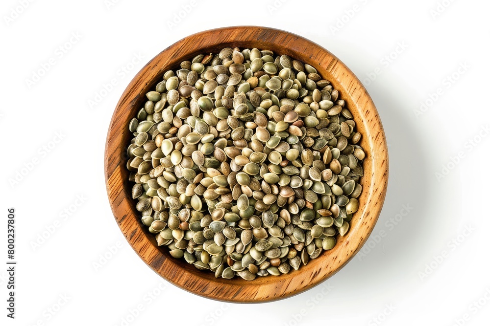 Hemp seeds in wooden bowl Edible variety of cannabis sativa Close up macro photo on white background Hemp seeds in wooden bowl Edible variety of cannabis sativa Close up macro photo on white background