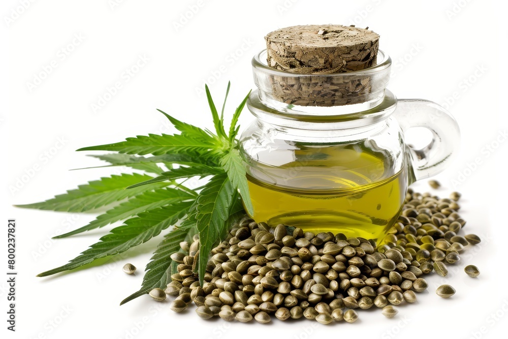 Hemp seeds oil and cannabis leaves displayed separately Hemp seeds oil and cannabis leaves displayed separately