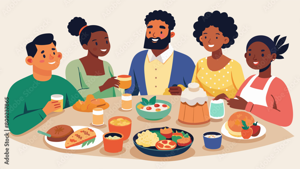 Friends and family come together to honor their ancestors and indulge in dishes like shrimp and grits corn pudding and sweet potato pie at the. Vector illustration Friends and family come together to honor their ancestors and indulge in dishes like shrimp and grits corn pudding and sweet potato pie at the. Vector illustration