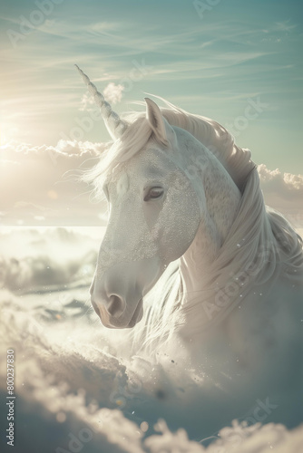 white glitter unicorn in magical sparkly white and silver crystal landscape  dreamy white color sky  detailed