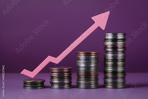 Purple background, pink zigzag arrow pointing up, stacks of coins increasing, showing value growth trend photo
