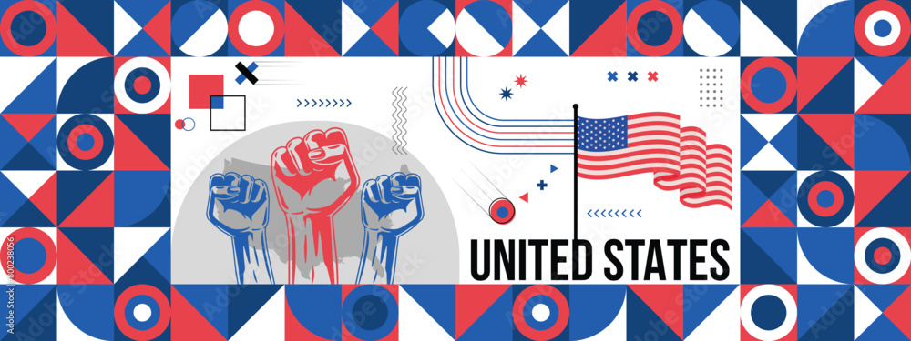 Flag and map of United States with raised fists. National day or Independence day design for Counrty celebration. Modern retro design with abstract icons. Vector illustration. Flag and map of United States with raised fists. National day or Independence day design for Counrty celebration. Modern retro design with abstract icons. Vector illustration.