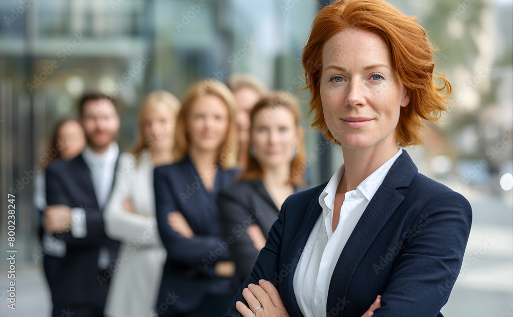Smiling business woman leader standing in office at team meeting, business woman standing in office with work colleagues. Confident woman in formal wear stands at her workplace.. Smiling business woman leader standing in office at team meeting, business woman standing in office with work colleagues. Confident woman in formal wear stands at her workplace..