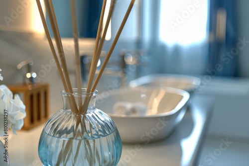 High end glass diffuser with reed sticks for freshening the bathroom in a hotel spa photo