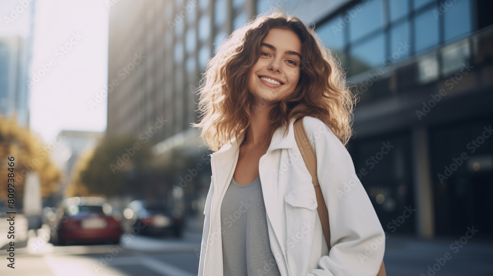 Happy smiling young woman standing in sunny city, looking at camera