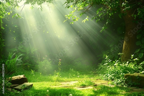 Sunlight filtering through dense green foliage in a peaceful and enchanting forest environment