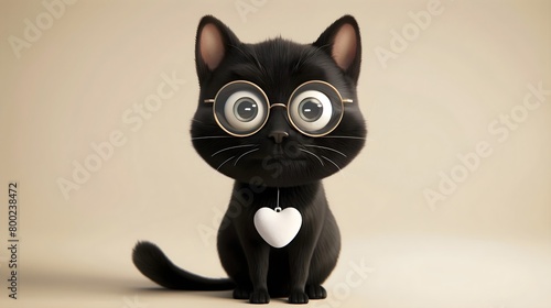 Black cat with a small white heart patch on its chest with glasses  chibi  anthropomorphic character  full front body