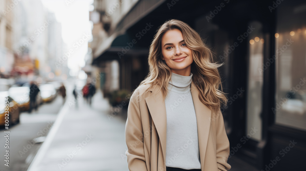 Beautiful happy smiling young woman standing in the city