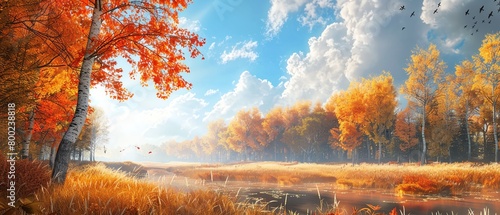 Create a photorealistic depiction of a serene autumn landscape, complete with vibrant foliage and a clear blue sky