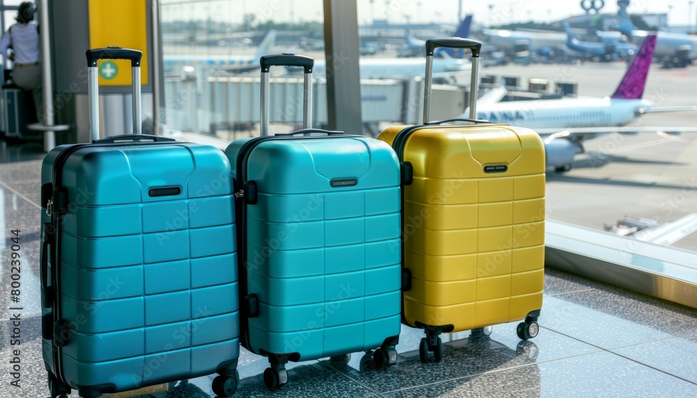 Travel concept with suitcases at airport, airplane on blue sky background for wanderlust inspiration Travel concept with suitcases at airport, airplane on blue sky background for wanderlust inspiration