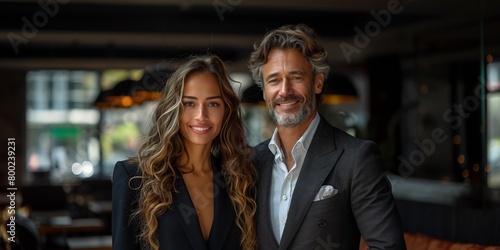 Two confident businesspeople, a man and a woman, stand together with style and professionalism, exuding success © Andrii Zastrozhnov