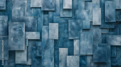 An arrangement of rectangles in gradations of gray and blue, staggered to form a textured, three-dimensional effect on a flat surface, captured in high resolution with a digital HD camera photo