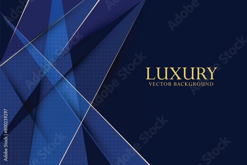 Abstract geometric triangles overlapping on dark navy blue background with glitter and golden lines glowing dots golden combinations. Luxury and elegant design
