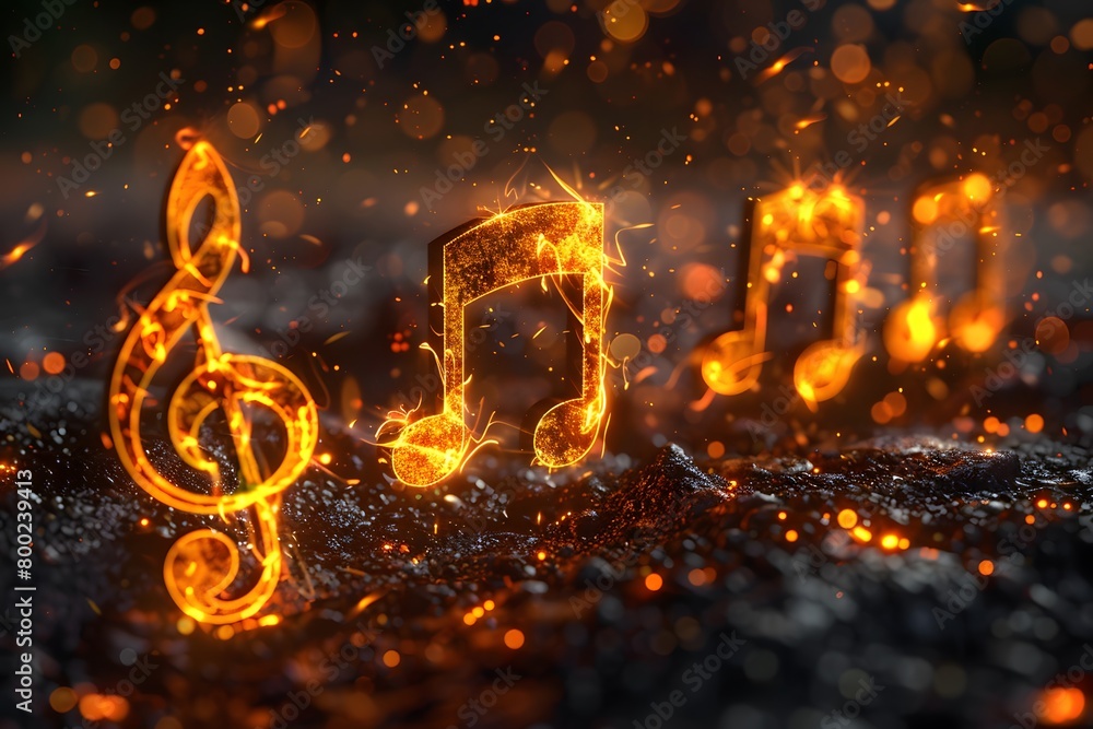 Fiery Musical Notes and Treble Clef Glowing on a Dark Background Fiery Musical Notes and Treble Clef Glowing on a Dark Background
