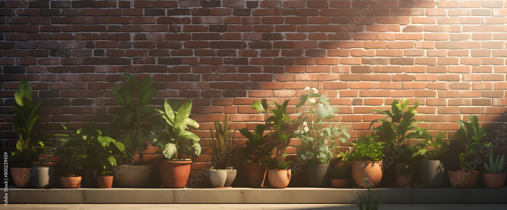 Row of potted plants in front of brick wall Stock Photo | Adobe Stock