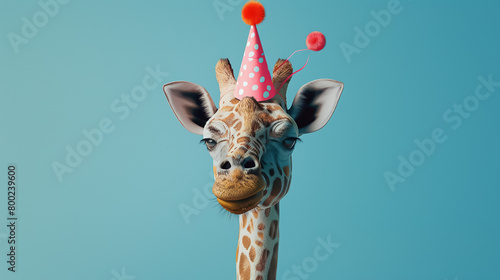 A giraffe wearing a pink party hat with polka dots and a pom pom. The background is blue.