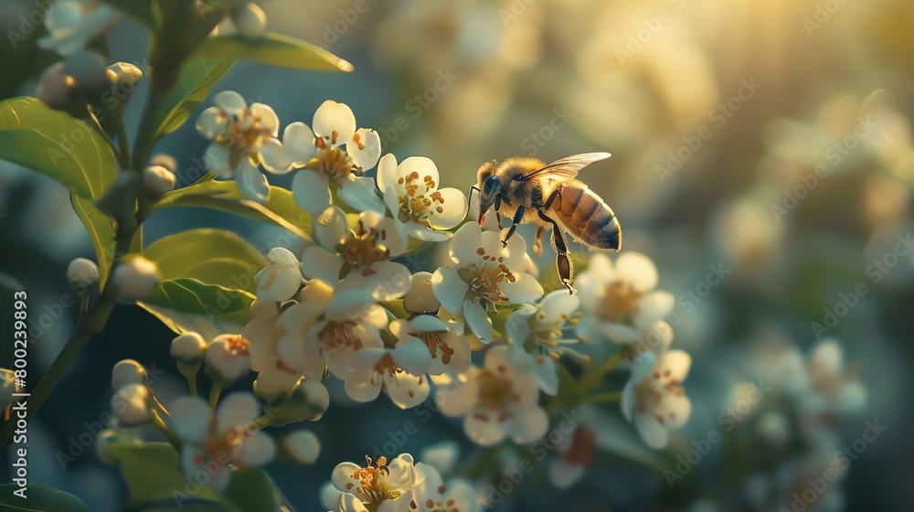Delicate honey bees buzzing around blooming flowers in a lush garden Delicate honey bees buzzing around blooming flowers in a lush garden