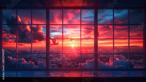 This window view shows the red sunset. Sunset. Sky background at sunset... © DZMITRY