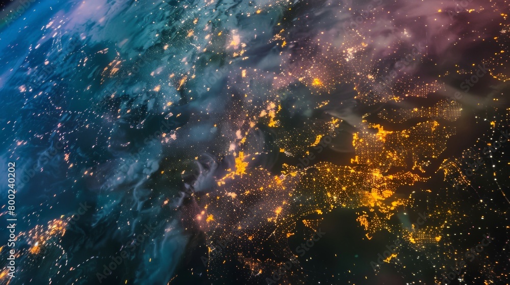 Naklejka premium A satellite view of Earth at night, showcasing city lights illuminating a vibrant pattern against the dark backdrop of the planet's surface.