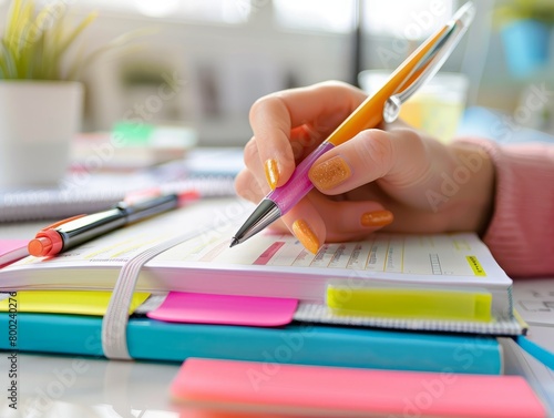 Close-up of a hand holding a pen and writing in a planner surrounded by colorful sticky notes, symbolizing organization and time management.