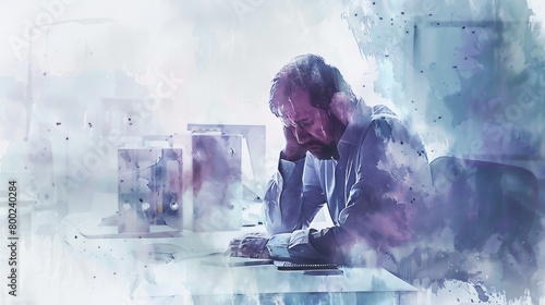 Illustration of a man feeling overwhelmed or stressed out at work, sitting with his head in his hands in front of a computer. photo