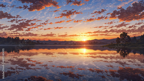 Sunset over a tranquil lake with reflections in the water.