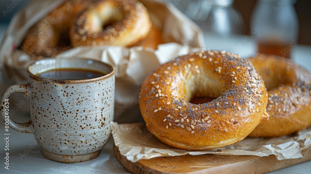 Obraz premium A black ceramic cup of coffee sits on a white table next to a bag of carbonated bagels that is placed in a plastic bag.