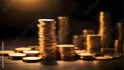  A gleaming stack of gold coins under soft, ambient light, casting captivating shadows