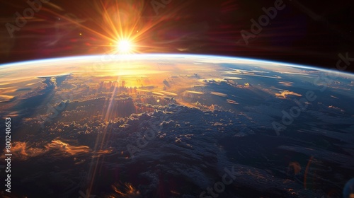 Sunrise viewed from space, showcasing Earth's curvature, with sunlight spreading across the atmosphere and casting a warm glow over the planet's surface. © kittikunfoto