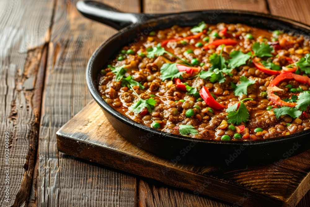 Indian dish with spicy green lentils meat spices herbs in cast iron pan on wooden table with copy space Indian dish with spicy green lentils meat spices herbs in cast iron pan on wooden table with copy space