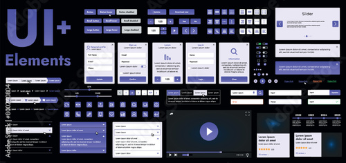 A set of modern violet web interface elements designed for the development and design of websites and mobile applications. Includes buttons, icons, navigation elements, slyder, forms.