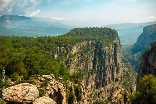 Magnificent landscape and majestic cliff of Tazi Canyon in Koprulu Nature Park in Turkey. View of the valley from above. Manavgat, Antalya.