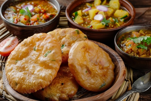 Indian dish of deep fried bread with potato curry