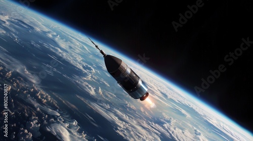 Spacecraft ascending above Earth's atmosphere, rocket engine ignited, against backdrop of blue planet curvature and black space.