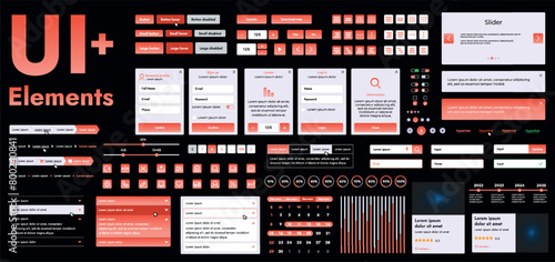 A set of modern red web interface elements designed for the development and design of websites and mobile applications. Includes buttons, icons, navigation elements, slyder, forms.