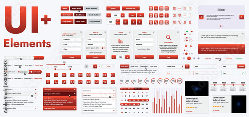 A set of modern red web interface elements designed for the development and design of websites and mobile applications. Includes buttons, icons, navigation elements, slyder, forms.