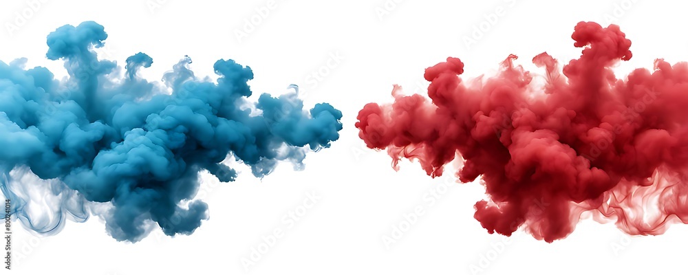 Fototapeta premium Blue and red smoke merging isolated on white background.