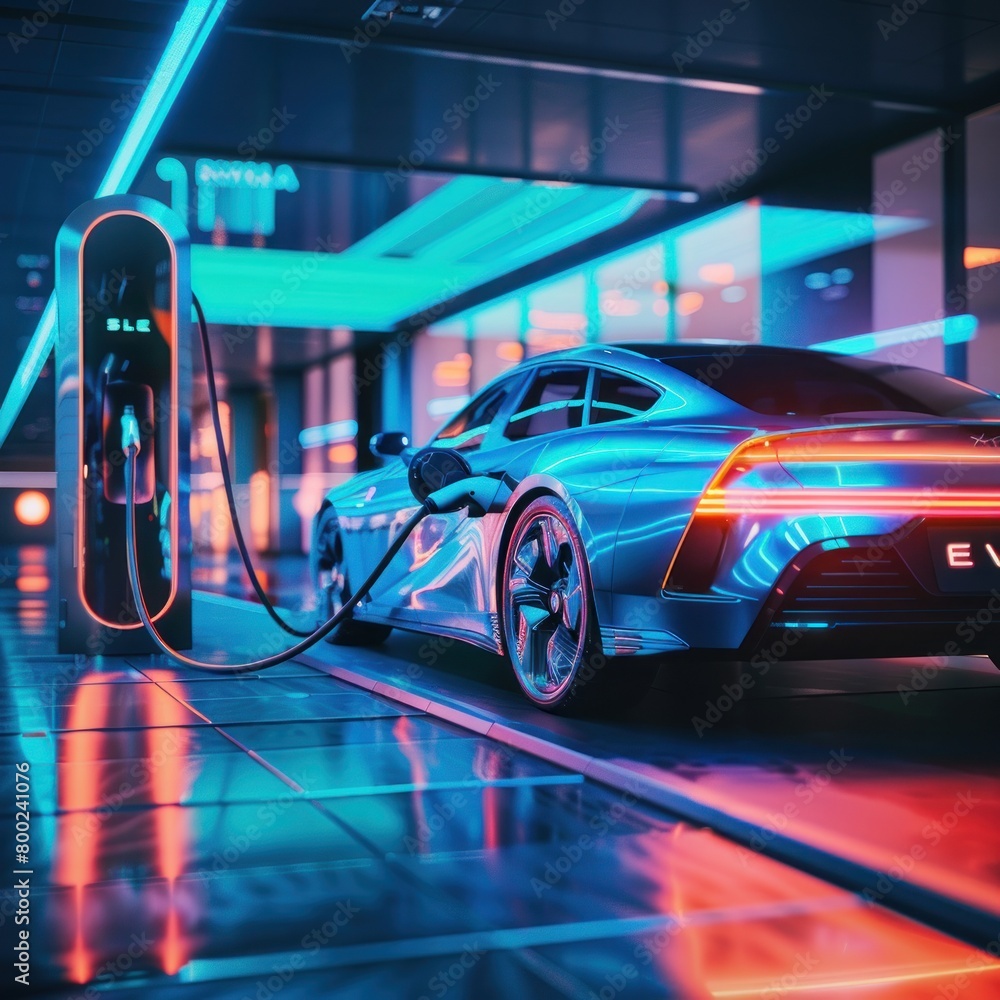 Futuristic electric car charge their battery at charging station. Generated AI image