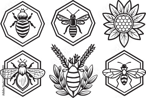 set off bee and flower balck and white illustration