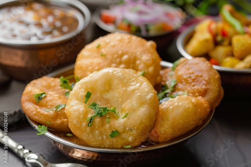 Indian food with fried bread potato curry and vegetables photo