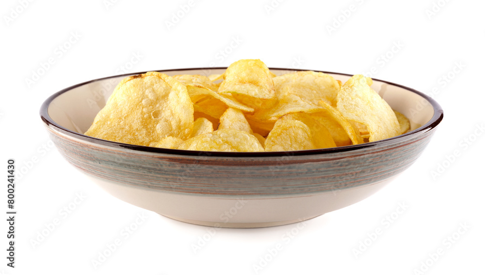 Bowl of potato chips isolated on white background. Bowl of potato chips isolated on white background.
