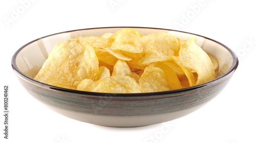 Bowl of potato chips isolated on white background.