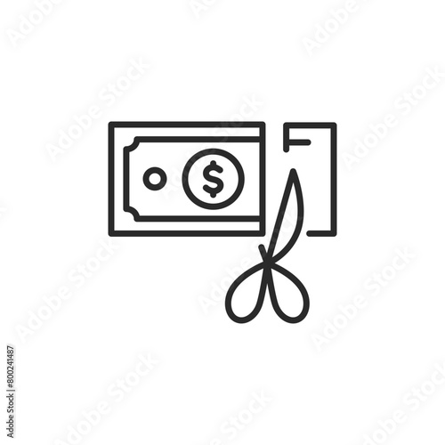 Budget Cut icon. Represents a reduction in financial expenses with scissors cutting through a dollar bill. Used for concepts of cost reduction, budgeting, and fiscal austerity. Vector illustration