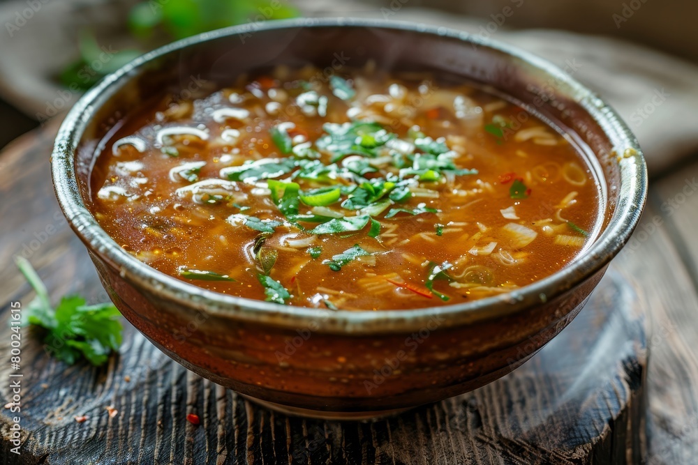 Indo chinese Manchow soup on wooden background selective focus Indo chinese Manchow soup on wooden background selective focus