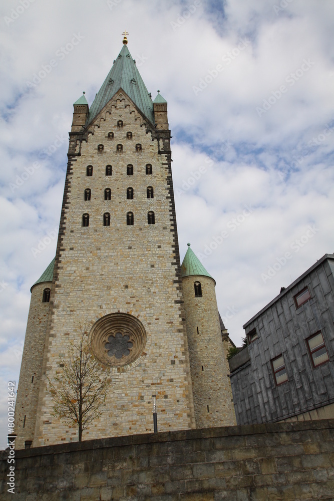 View of the tower of the cathedral in Paderborn, North Rhine-Westphalia, Germany, View of the tower of the cathedral in Paderborn, North Rhine-Westphalia, Germany,