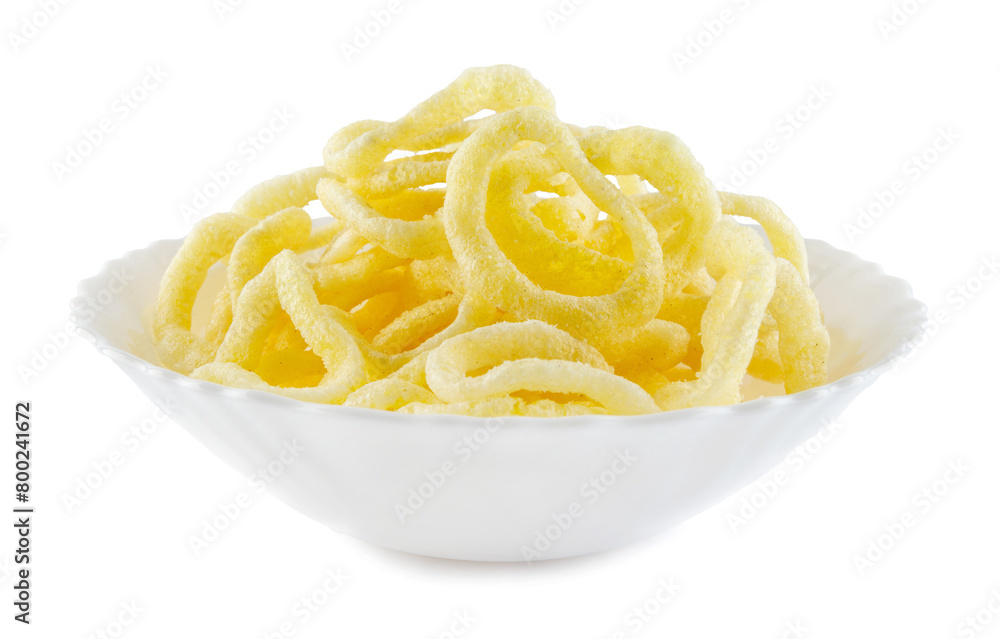White bowl with onion ring chips isolated on a white background. White bowl with onion ring chips isolated on a white background.
